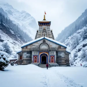 Kedarnath Temple surrounded by snow-covered mountains