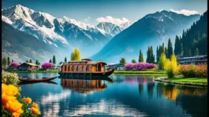 Beautiful view of Dal Lake in Srinagar Kashmir with shikara boats and mountains in the background